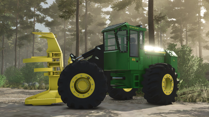 fs25-mods, John Deere 843K mod in FS25 with a forestry attachment, featuring lush forest backdrop.