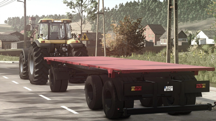 fs25-mods,  FS25 mod Kamaz Platform Long v1.1.0.0 featuring a tractor pulling a flatbed trailer in a rural village setting.