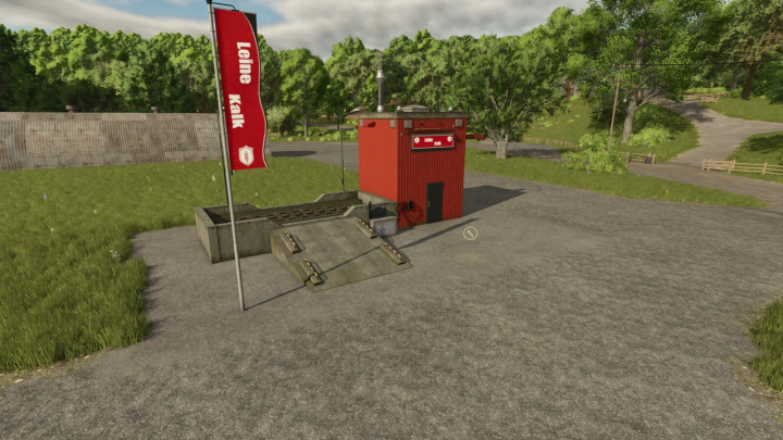 fs25-mods, FS25 Lime Production mod v1.0.0.0 featuring a red factory building on a farm with surrounding greenery.