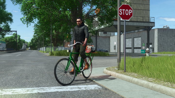 fs25-mods, Person riding Lizard Old Bike mod in FS25 near a stop sign on a street.