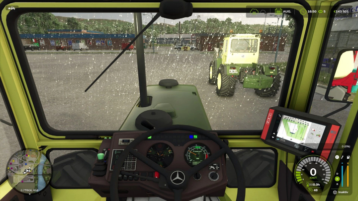 fs25-mods,  Inside view of MB Trac 1000-1100 in FS25 mod, showing dashboard and rainy scenery.