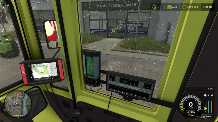 fs25-mods, Interior view of MB Trac in FS25 mod, showing control panel and display screen with raindrops on window.