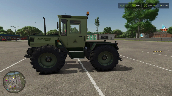 fs25-mods, MB Trac 1000-1100 Silbersteel tractor mod in FS25, parked on concrete in a virtual farm setting.