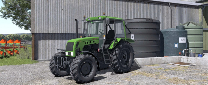 fs25-mods,  FS25 mod MTZ 920.2 Beta v1.0.0.0 showcasing a green tractor in front of a metal building, enhancing farming simulation.