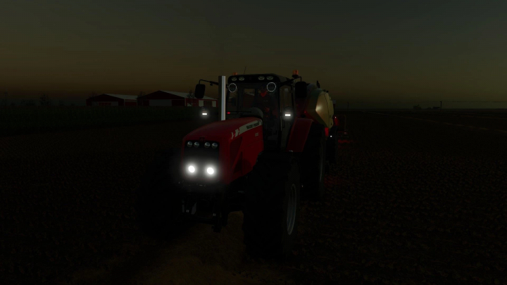 fs25-mods, Massey Ferguson 8480 tractor mod in FS25 with headlights on, set against evening farmland.