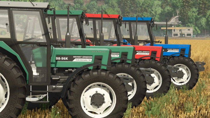 fs25-mods, Farming Simulator 25 mods showcasing Mehmet Şimşeker 98-96 K tractors in green, red, and blue on a farm field.