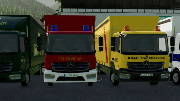 fs22-mods, FS22 mods: Mercedes-Benz Atego 823 v2.0.0.0 trucks in different liveries, including fire truck and ADAC service, in Farming Simulator 22.