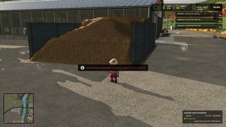 fs25-mods,  Farming Simulator 25 mod More Manure v1.0.0.0 showing increased manure pile with a warning notice.