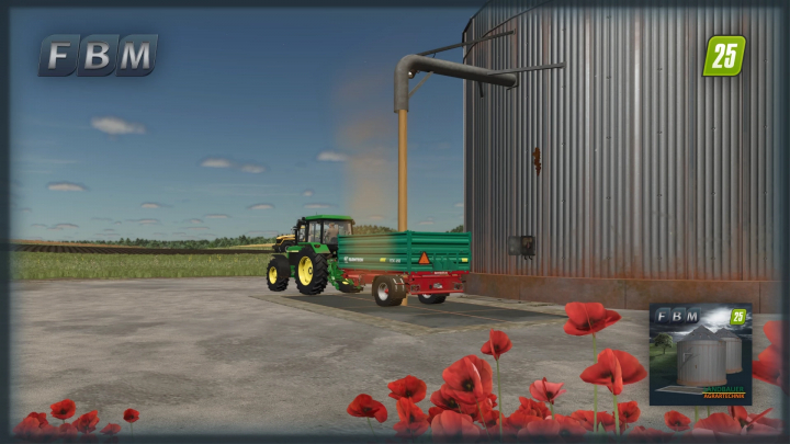 fs25-mods,  FS25 mod OldFarmSilo with tractor unloading at silo, poppies in foreground.