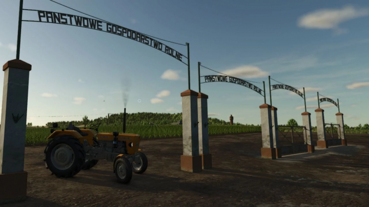 fs25-mods, PGR map gates pack mod for FS25, featuring a tractor near metal gates under a blue sky.