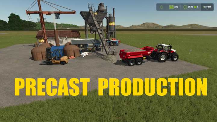 fs25-mods,  FS25 mod Precast Production with equipment on a farm featuring a forklift, tractor, and silo.