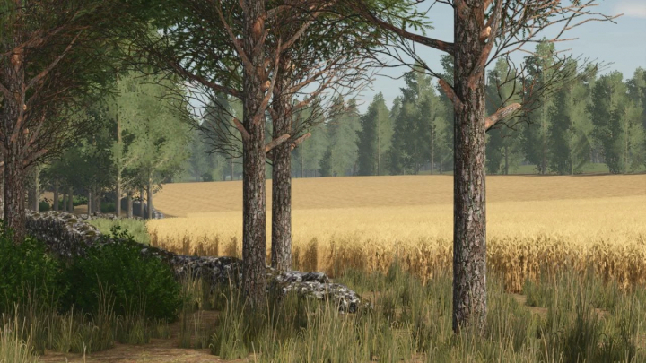 fs25-mods, Pinewood Forest mod in FS25 showing trees and wheat fields, version 1.3.0.0.