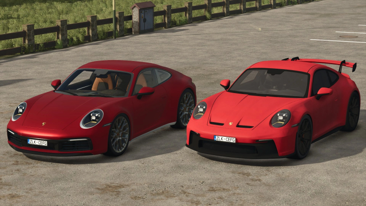 fs25-mods, Red Porsche Carrera 4S and GT3 mods in Farming Simulator 25, displayed in a parking lot.