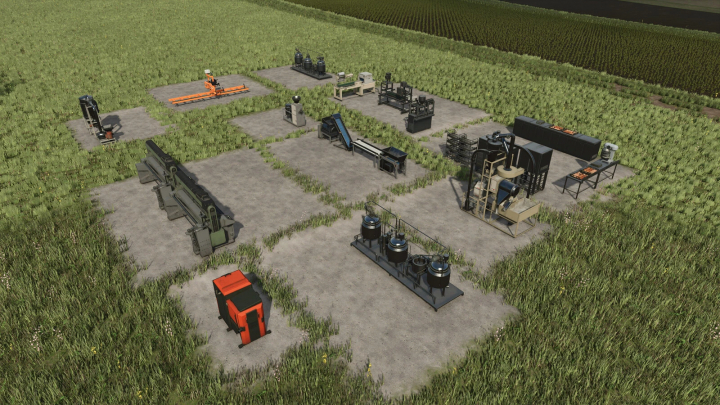 fs25-mods,  FS25 mods: Various production setups without sheds on a grassy field in Farming Simulator 25.