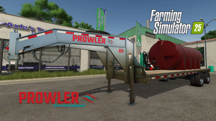 fs25-mods, Prowler Gooseneck Trailer mod in FS25 at Axle’s Tractor Center, showcasing heavy-duty equipment.