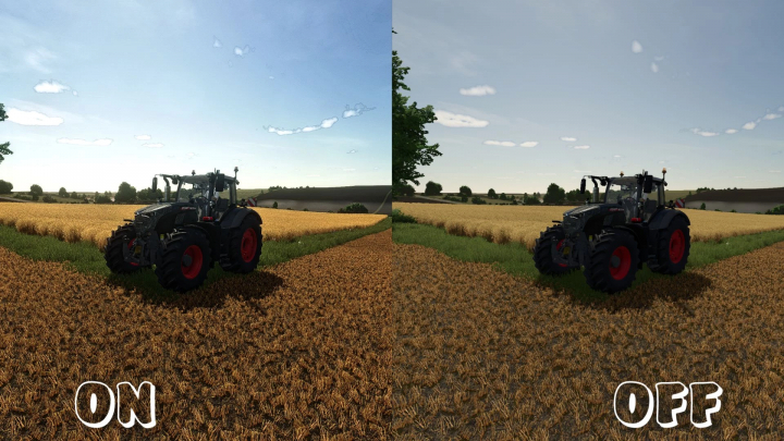 fs25-mods, Comparison of RealShader mod in FS25 showing a tractor on a field with enhanced graphics on the left and standard graphics on the right.