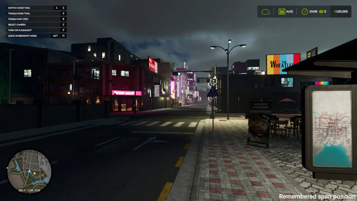 fs25-mods, Nighttime city street in FS25 mod Remember Player Positions with map and tools display.