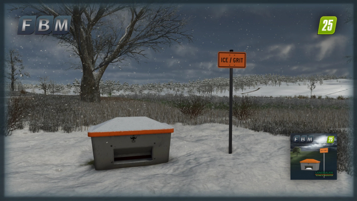 fs25-mods,  FS25 Road Salt Container in snowy landscape with an ICE/GRIT sign, part of Farming Simulator 25 mods.