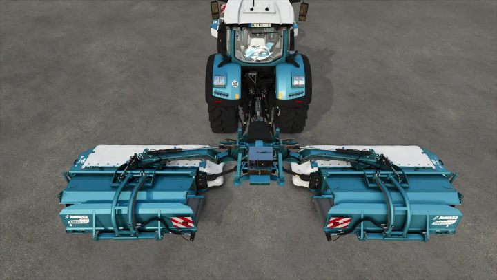 fs25-mods, FS25 mod Samasz Pack Dolphin Edition v1.0.0.0 featuring a blue tractor with advanced mowing equipment.