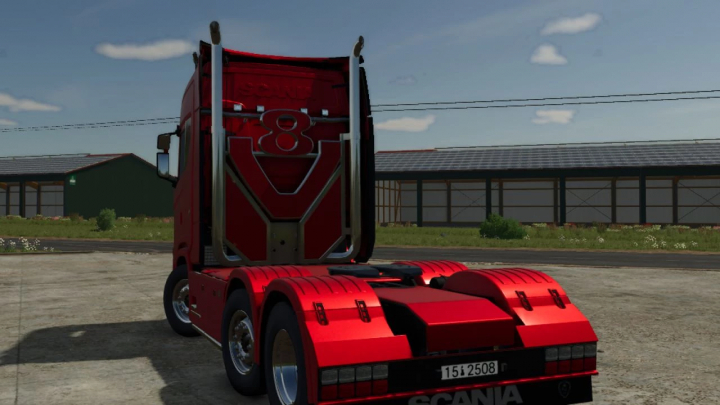 fs25-mods, Red Scania S v1.0.1.1 mod for Farming Simulator 25 parked on a farm.