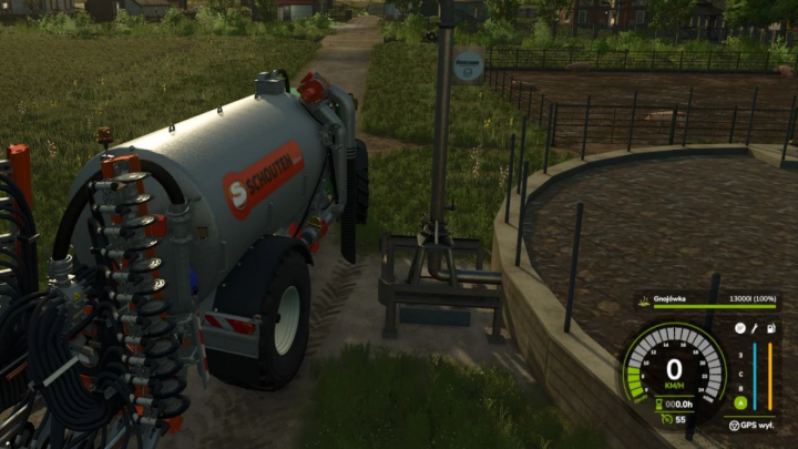 fs25-mods,  FS25 Schouten IDEAL / SPIDER Pack mod showing a slurry tank attachment in a farm setting.