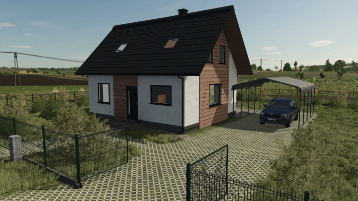 fs25-mods, Small Modern House mod for FS25 features a countryside home with a carport, surrounded by a lush fence-lined yard.