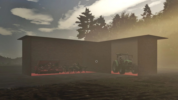 fs25-mods,  Small barn in FS25 mod storing farm equipment like a tractor at dusk.