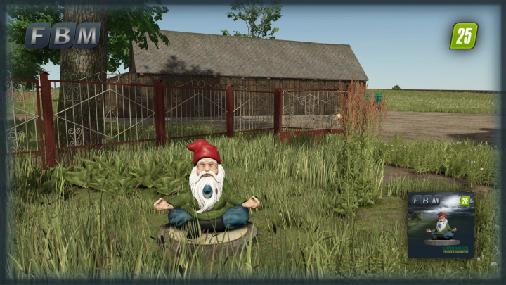 fs25-mods, A garden gnome meditating on grass in Farming Simulator 25 mod, titled SpiritualGnome v1.0.0.0.