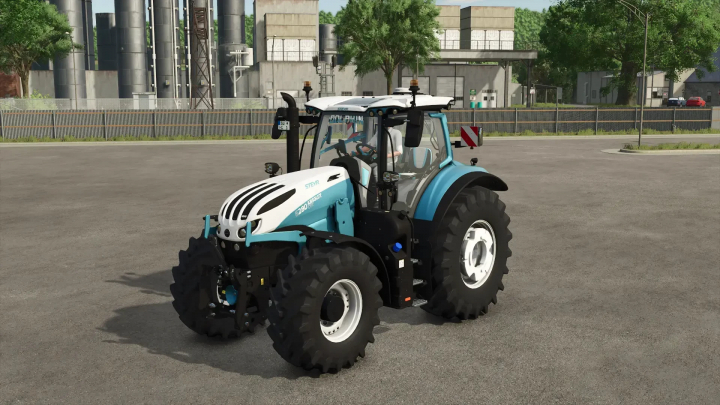 fs25-mods, The Steyr Absolut Dolphin Edition tractor mod in FS25, featuring a sleek design, showcased in an industrial setting.