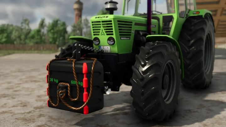 fs25-mods,  FS25 mod Tenwinkel 600kg v1.0.0.3 attached to a green tractor, enhancing gameplay realism in Farming Simulator 25.