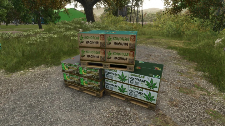 fs25-mods, Pallets of hemp products in Farming Simulator 25 mod, The hemp production system v1.0.0.0, displayed on a dirt path with trees in the background.