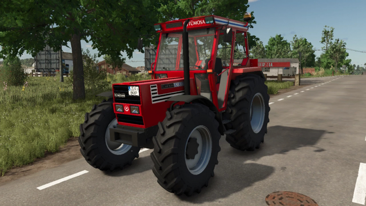 fs25-mods,  Tumosan 8280DT tractor mod in Farming Simulator 25 displayed on a road with trees.