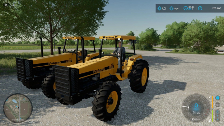 fs25-mods,  Valmet 1180 tractor mod in Farming Simulator 25, featuring two yellow tractors parked on a dirt path with trees in the background. FS25 mods.