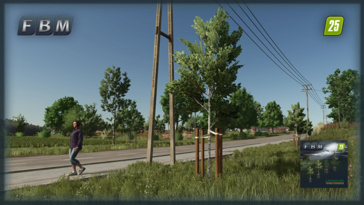 fs25-mods, Young Trees mod in FS25 shows a walking character beside young trees and power lines on a sunny day.