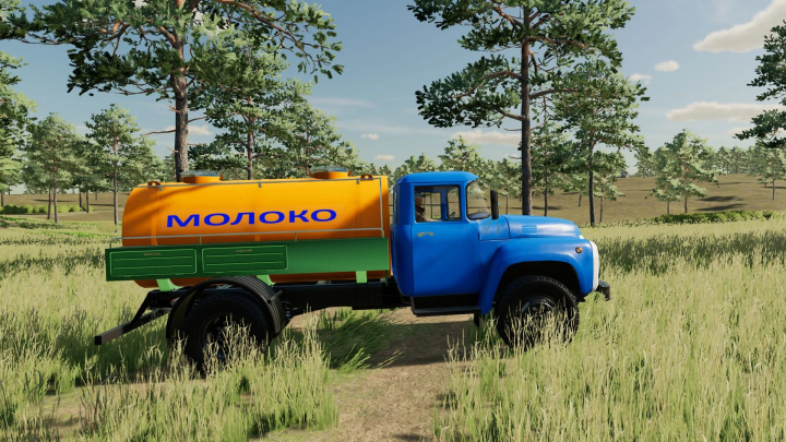 fs22-mods,  ZIL-130 dairy truck mod in FS22, blue cab and orange tank with 'milk' in Russian, set in a grassy landscape.