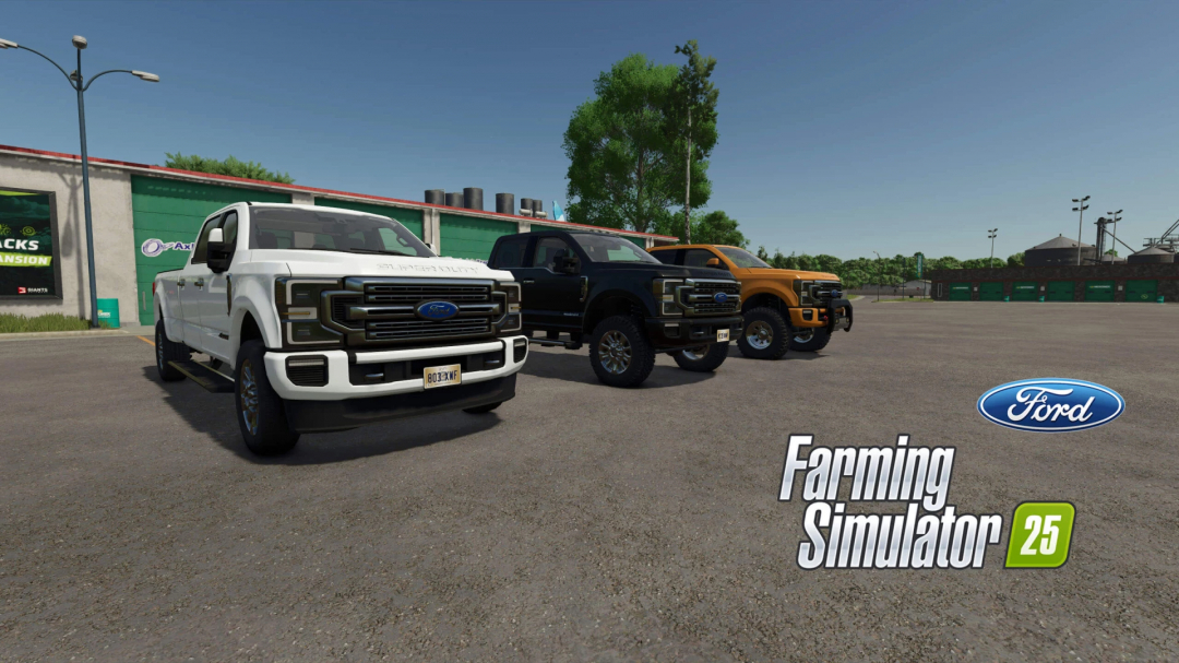 Three Ford Super-Duty trucks parked in Farming Simulator 25, showcasing the 2020 Limited mod.