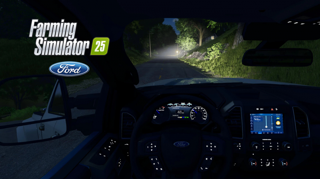 Interior view of 2020 Ford Super-Duty Limited mod in FS25 game, showcasing dashboard and controls.