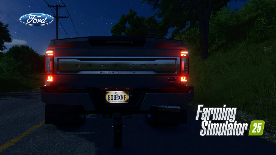 2020 Ford Super-Duty Limited mod in FS25, rear view at night showing taillights and license plate.