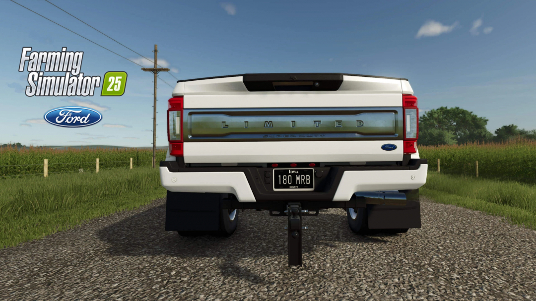 2020 Ford Super-Duty Limited mod in FS25, showcasing the truck's rear on a rural road.