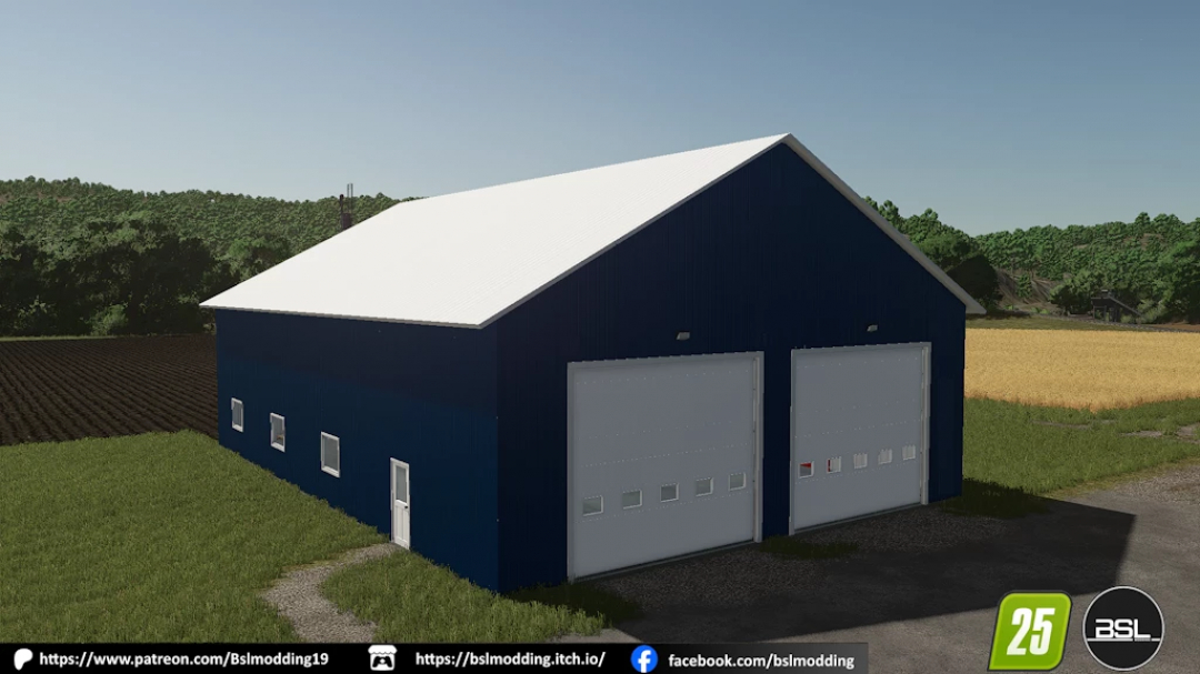 2 doors garage mod in FS25 with a blue structure and white roof in a rural setting.