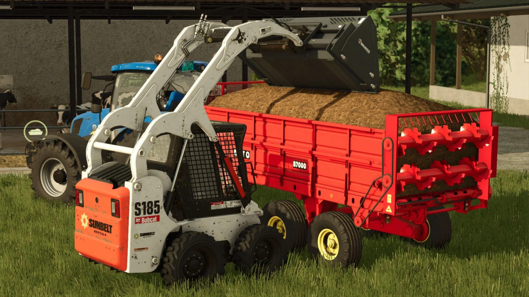 FS25 mod AVTO B7000 v1.2.0.0 with Bobcat S185 loading manure into a red spreader.