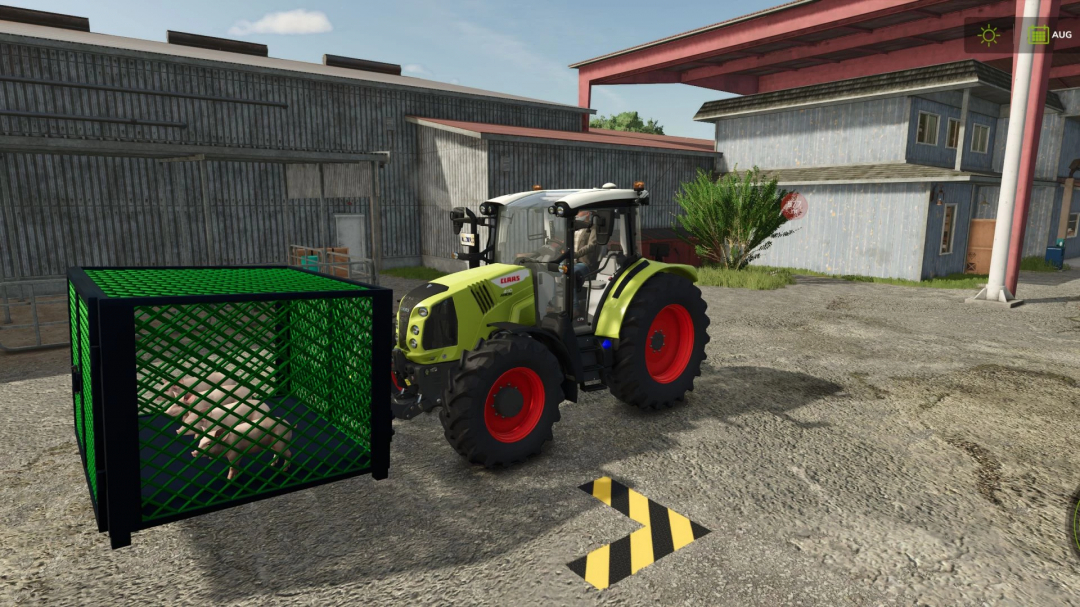 FS25 mod featuring a tractor with an animal transport box carrying a pig in Farming Simulator 25 environment.