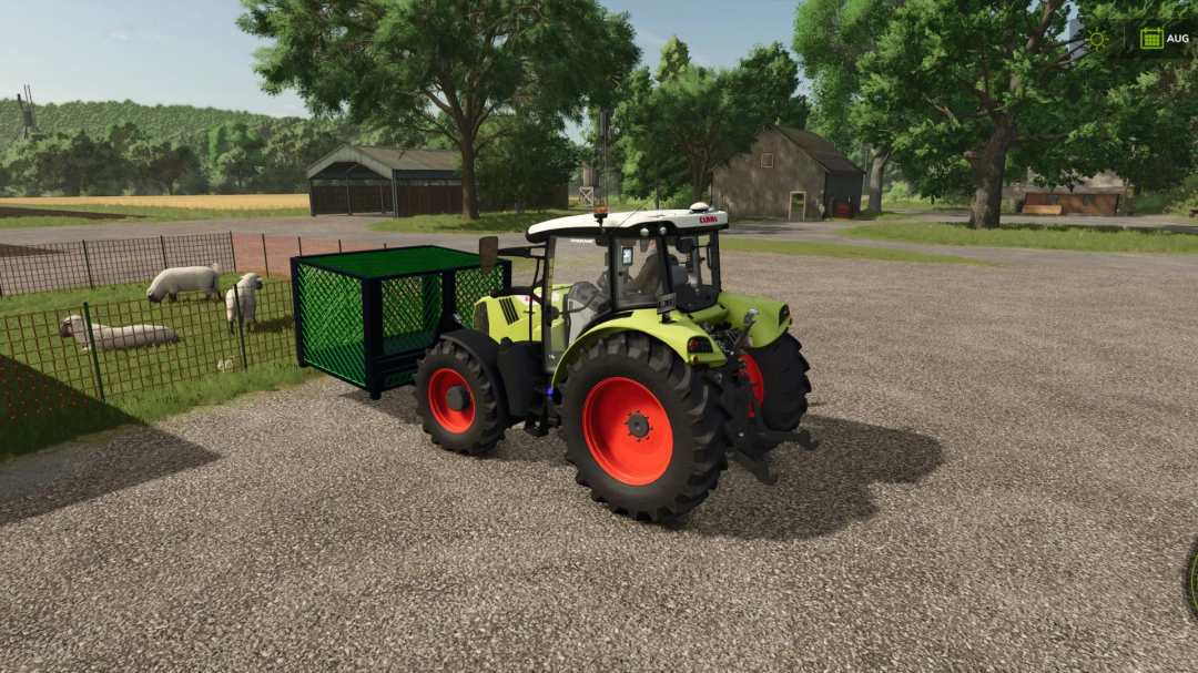 FS25 mod image of a tractor with Animal Transport Box v1.0.0.0, surrounded by sheep in a rural setting.