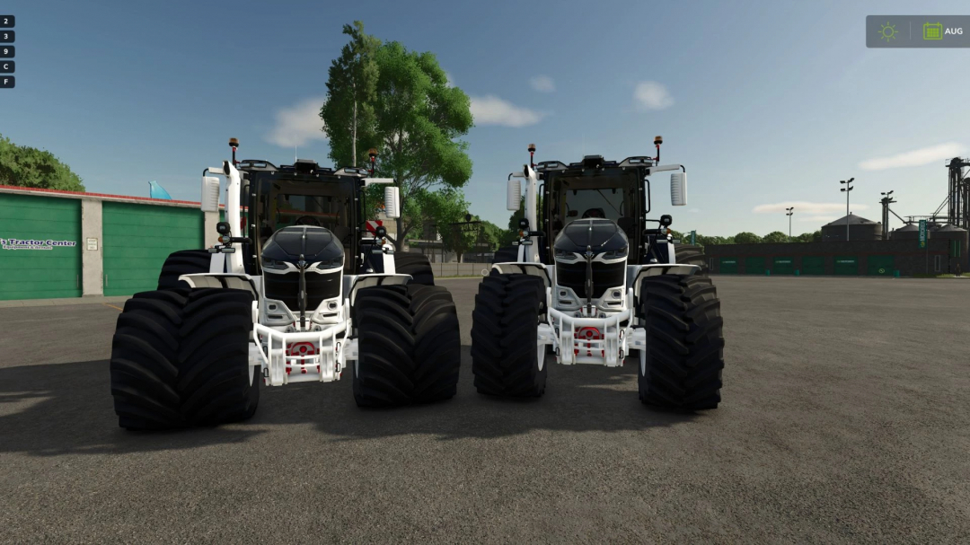 Two Massey Ferguson 9S tractors from FS25 mods parked on pavement.