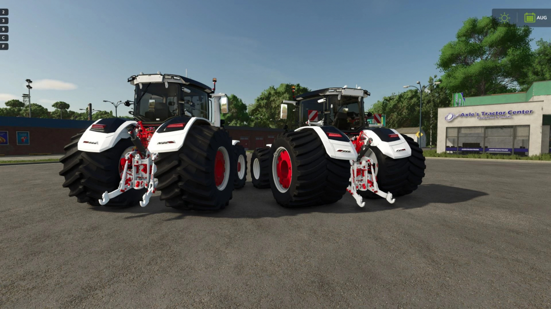 Two Massey Ferguson 9S tractors modded for FS25, showcased at Axle's Tractor Center.