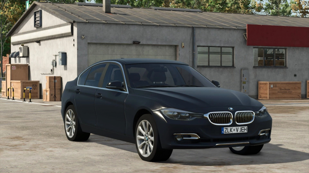 BMW 328i mod parked in front of a building in FS25.