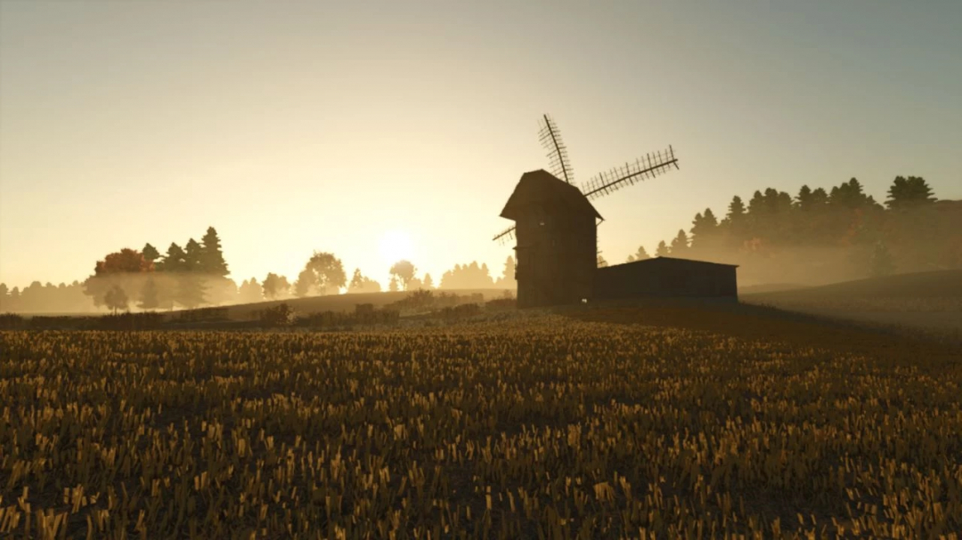 FS25 Bergschof mod showing a windmill at sunrise in a rural landscape.