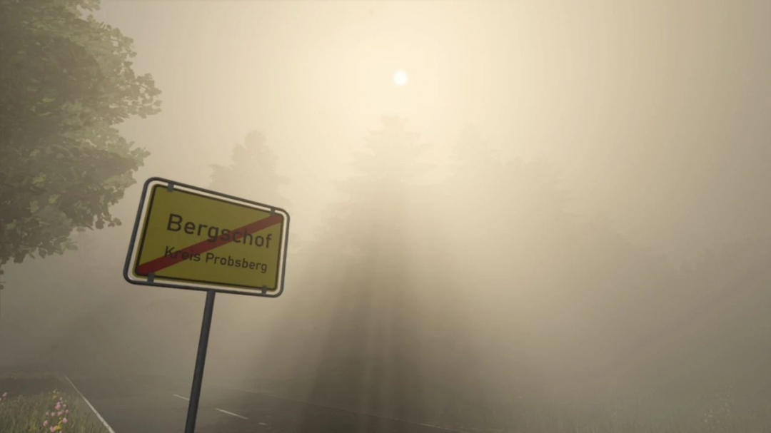 Foggy scene in FS25 Bergschof mod with a road sign fading into mist.