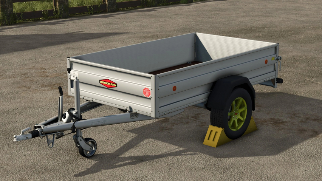 FS25 mod Boeckmann TL AL 25-13 trailer with green wheels on a parking area.