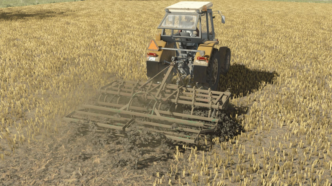 FS25 Bomet U725 mod showcasing a tractor plowing a field.